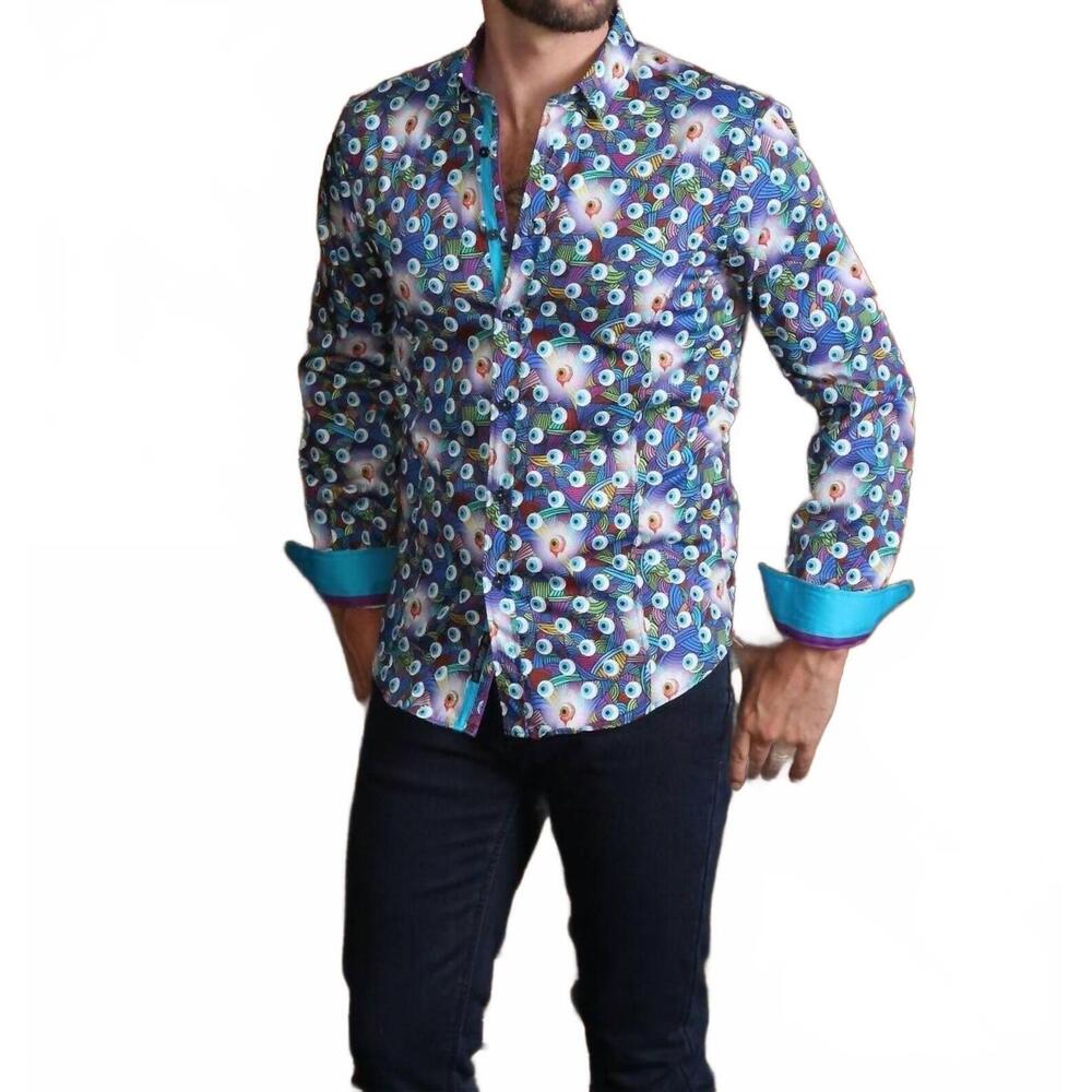 NEW EIGHT X radical eyeball button down shirt with trim in multi